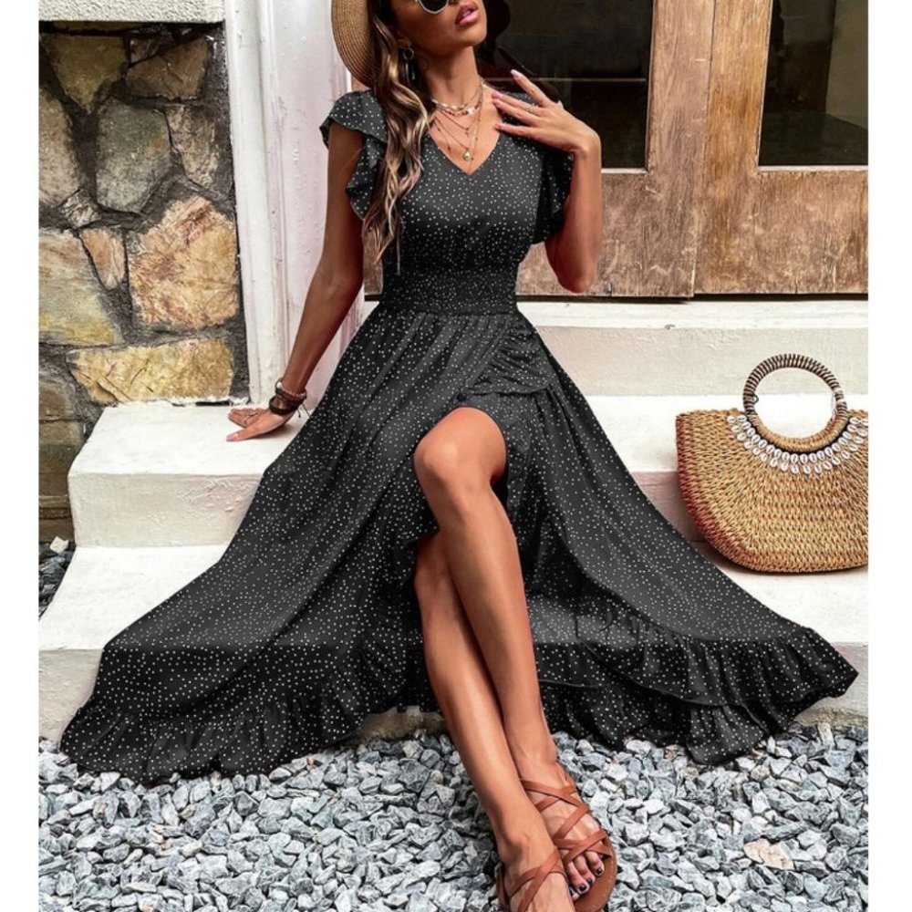 Black Polka Dot Print Butterfly Sleeve Shirred Ruffle Trimmed hem maxi Dress - Picture 1 of 6